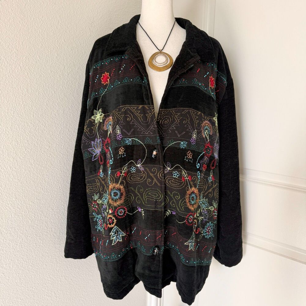 Vintage 90s Embroidered Tapestry Black Button Up Jacket Cabin Cottage Core XL